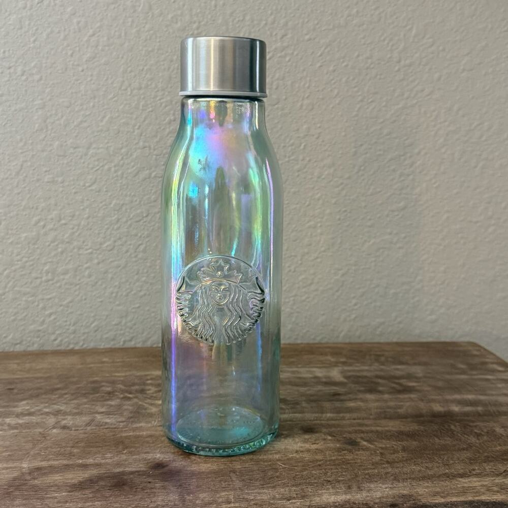 Starbucks Iridescent Rainbow Recycled Glass Water Bottle 20oz Siren Logo Spain